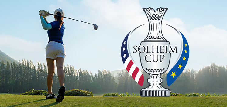 A golfer in action on a lush green golf course, swinging a club with the Solheim Cup logo prominently displayed on the right, featuring the American and European flags.