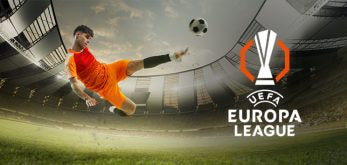 A football player in an orange kit performing a mid-air kick in a stadium, with the UEFA Europa League logo displayed prominently to the right.