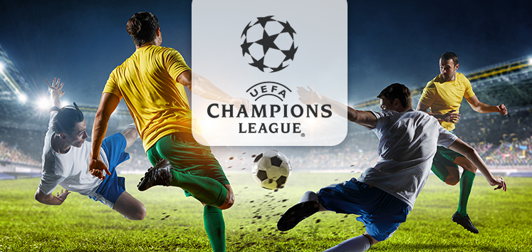 UEFA Champions League logo over a dynamic football scene with players in action, competing for the ball in a stadium under bright lights.