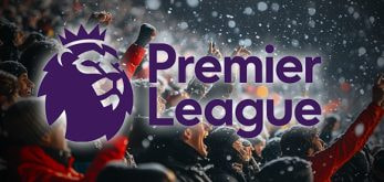 Fans cheering in a snow-filled stadium with the Premier League logo prominently displayed in the foreground