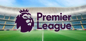 Premier League logo displayed over an empty football stadium with green pitch and blue seating.