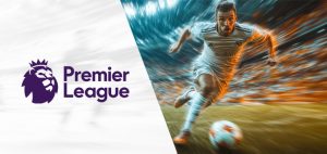 Premier League promotional image featuring a footballer in action on the field, with dynamic motion blur, alongside the Premier League logo.