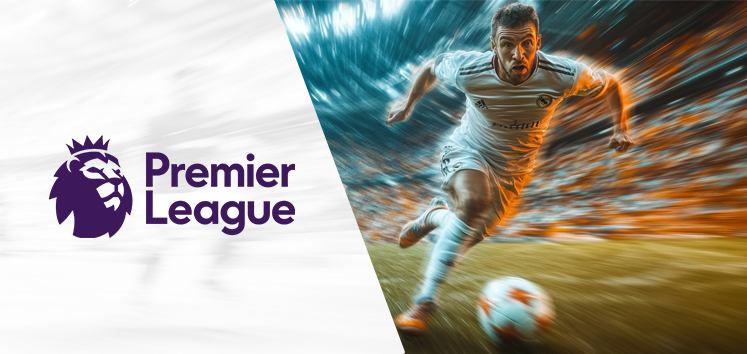 Premier League promotional image featuring a footballer in action on the field, with dynamic motion blur, alongside the Premier League logo.