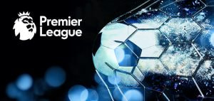 A stylized image of a shimmering football with a hexagonal pattern, set against a dark background with vibrant blue highlights, alongside the Premier League logo on the left.