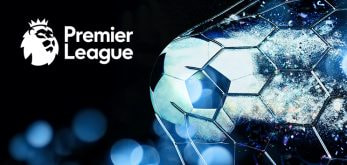 A stylized image of a shimmering football with a hexagonal pattern, set against a dark background with vibrant blue highlights, alongside the Premier League logo on the left.