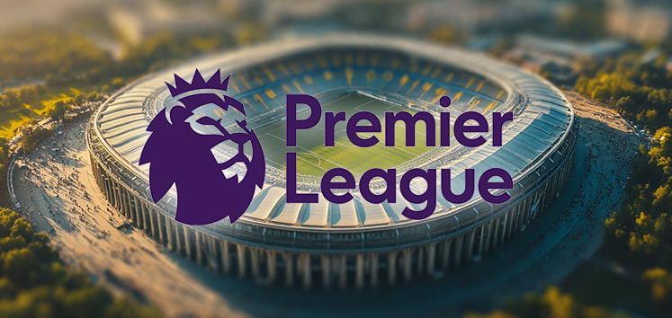 An aerial view of a large football stadium surrounded by trees, with a clear view of the pitch inside. The stadium is circular with modern architecture. Superimposed on the image is the Premier League logo, featuring a stylised lion's head in purple accompanied by the text "Premier League" in bold purple letters.